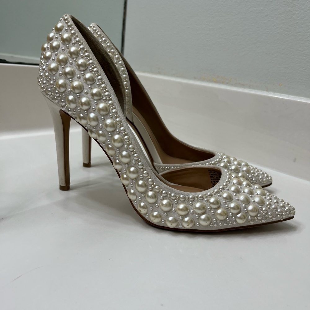 Elegant Pearl-Embellished White Heels
